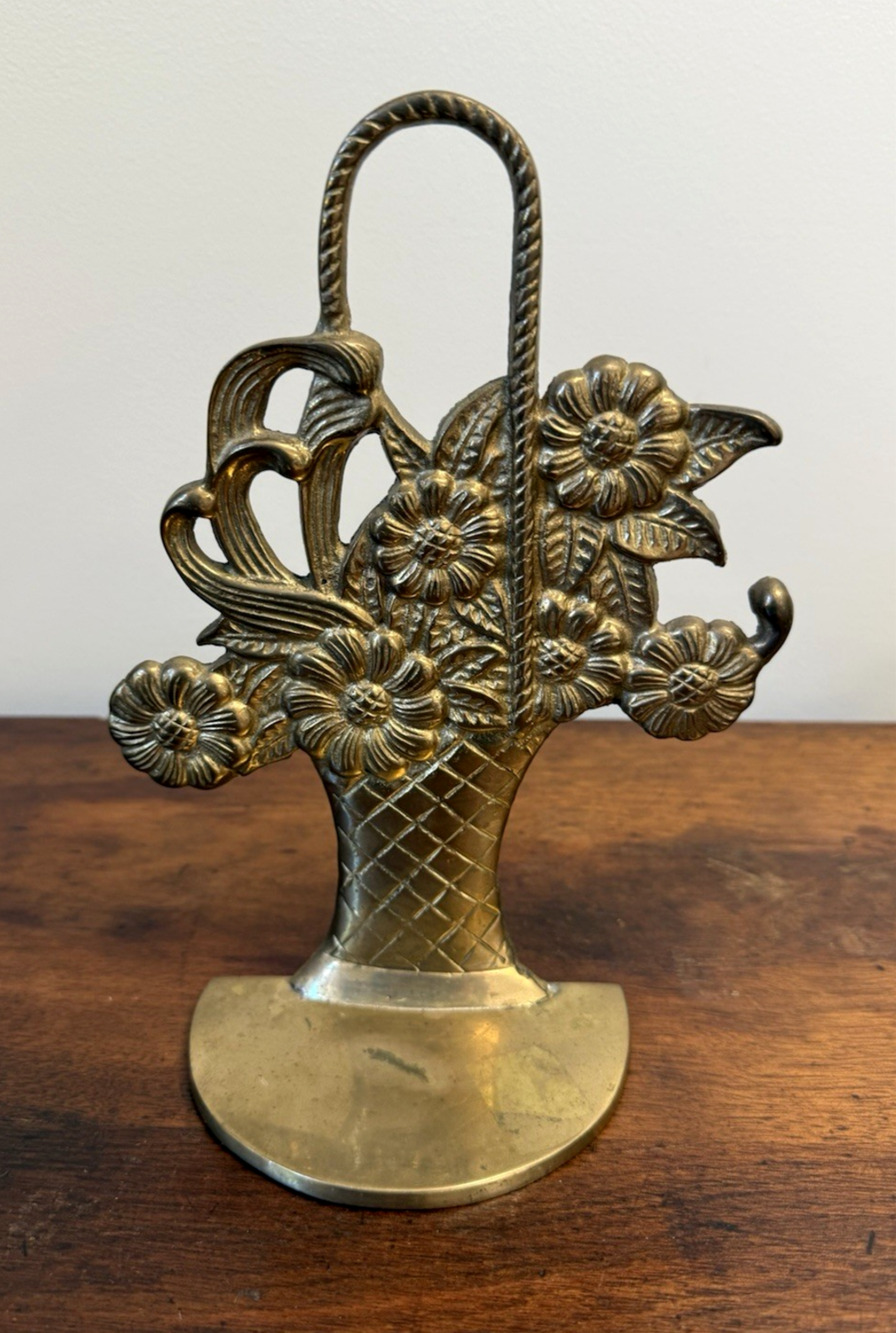 Vintage Solid Brass Flower Basket Doorstop Floral Bouquet 9.25" Heavy Cast
